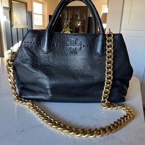 Tory Burch Black Leather Triple Compartment McGraw Satchel with Gold Chain